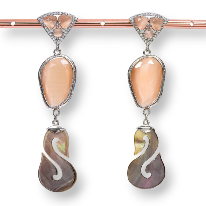 Pendientes de botón de bronce con ojo de gato engastado con nácar y engaste central 18x70mm melocotón