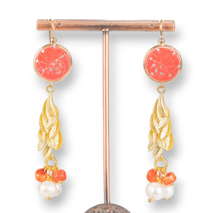 Aretes De Bronce Con Jade De Birmania Y Perlas Con Coral Rojo 17x72mm