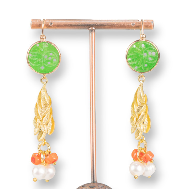 Boucles D'oreilles Tiges En Bronze Avec Jade De Birmanie Et Perles Avec Corail Vert 17x72mm