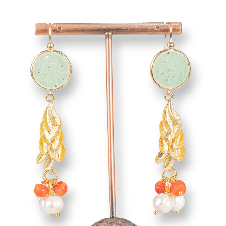 Aretes De Bronce Con Jade De Birmania Y Perlas Con Coral 17x72mm Verde Claro