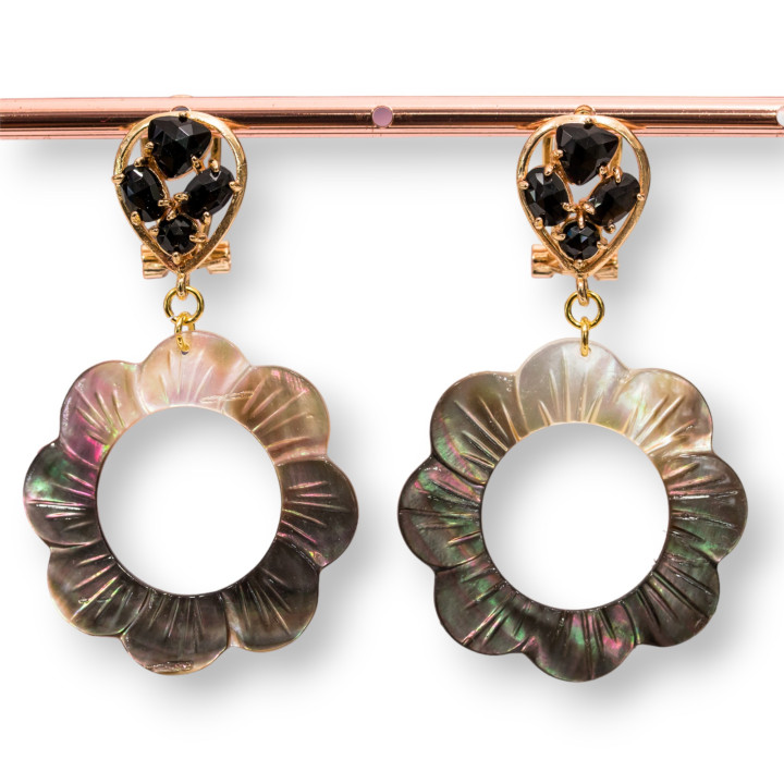 Boucles D'oreilles Tiges Oeil De Chat Bronze Avec Bandeau Composant Nacre 33x57mm Noir