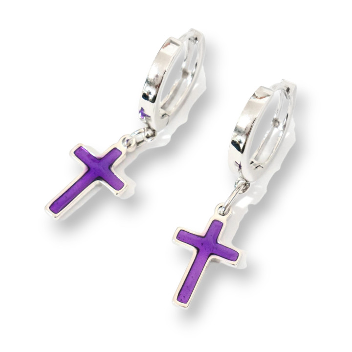 925 Silver Earrings With Circle Stud And Purple Cross Enamelled Pendants 10x34mm