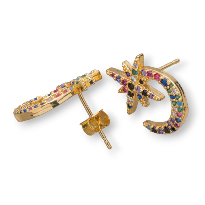 Orecchini A Perno Di Bronzo Con Zirconi Multicolor Pavè Luna E Stella 13x17mm