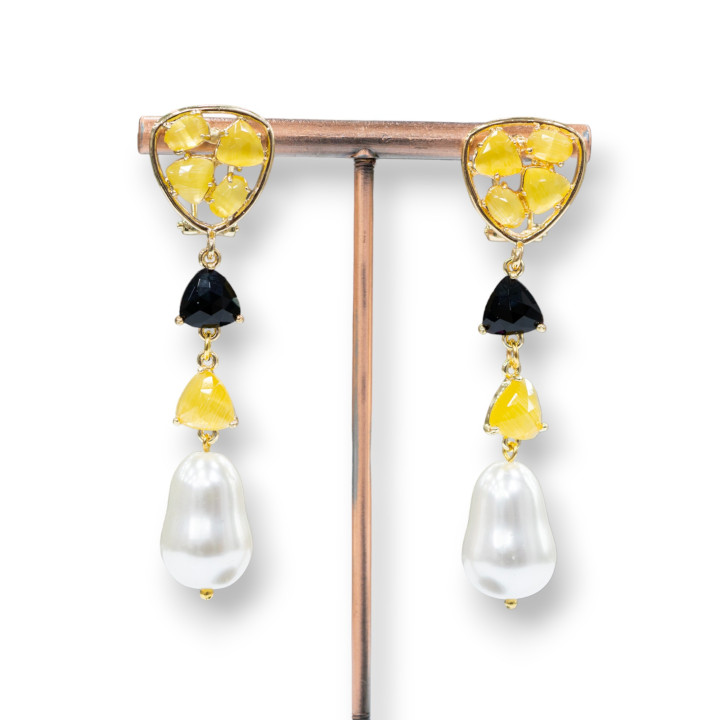 Boucles D'oreilles Tiges Oeil De Chat En Bronze Avec Pampilles 16x62mm Jaune