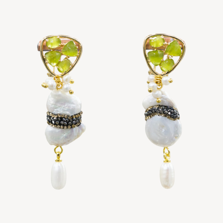 Pendientes de botón de bronce con ojos de gato y perlas de río con marcasita verde 16x58mm