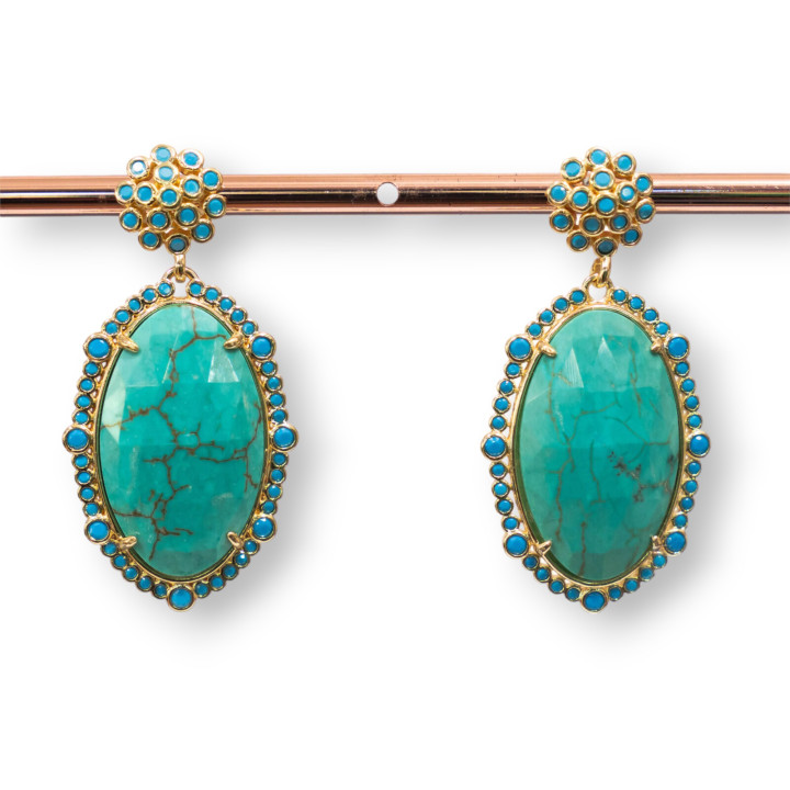 Boucles D'oreilles Tiges Bronze Avec Pierres Serties Et Zircons 22x43mm Turquoise Et Turquoise Stabilisée