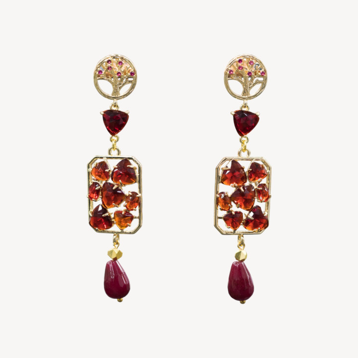 Bronze Stud Earrings Tree Set with Cat's Eye and Jade 17x76mm Red