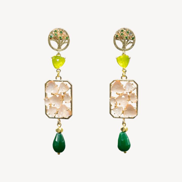 Bronze Stud Earrings Tree Set with Cat's Eye and Jade 17x76mm Green/Peach