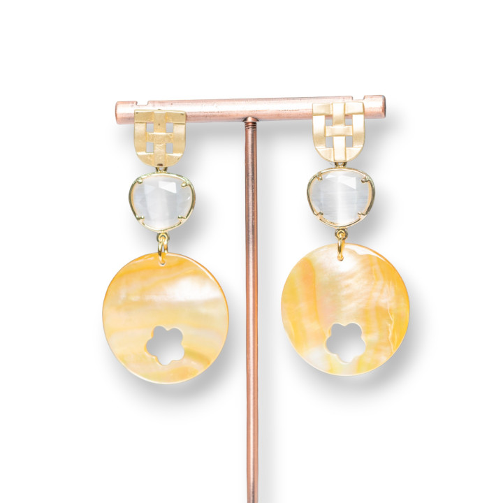 Bronze Stud Earrings Set with Cat's Eye and Round Mother of Pearl with Flower 30x64mm