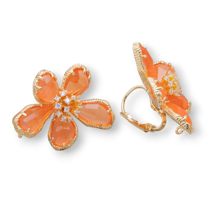 Bronze Earrings with Cat's Eye Flower 5 Petals 24x32mm 1 Pair Orange