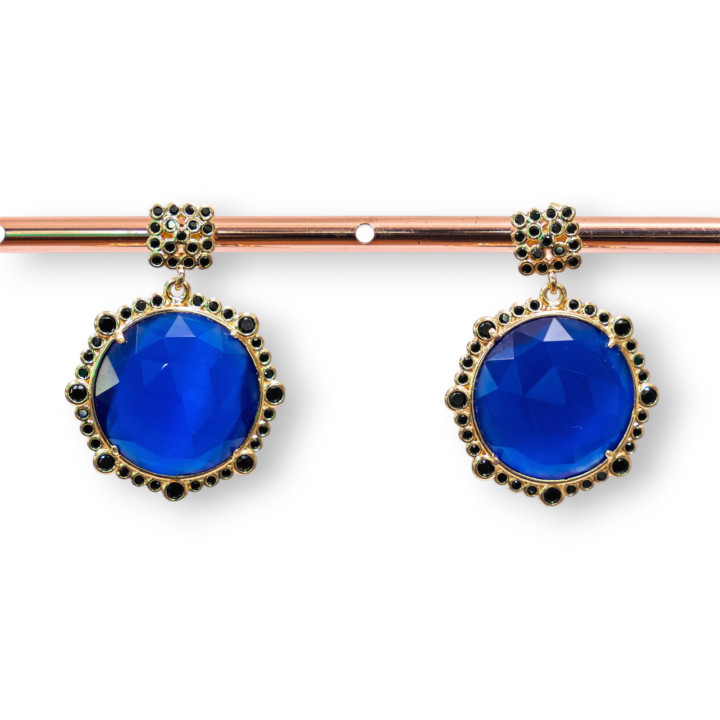 Boucles D'oreilles Tiges Bronze Avec Pierres Serties Et Zircons 24x32mm Noir Bleu