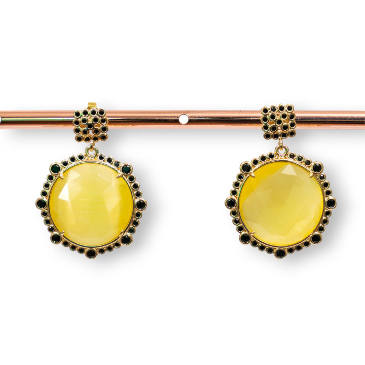 Pendientes Bolitas De Bronce Con Piedras Engastadas Y Circonitas 24x32mm Negro Amarillo