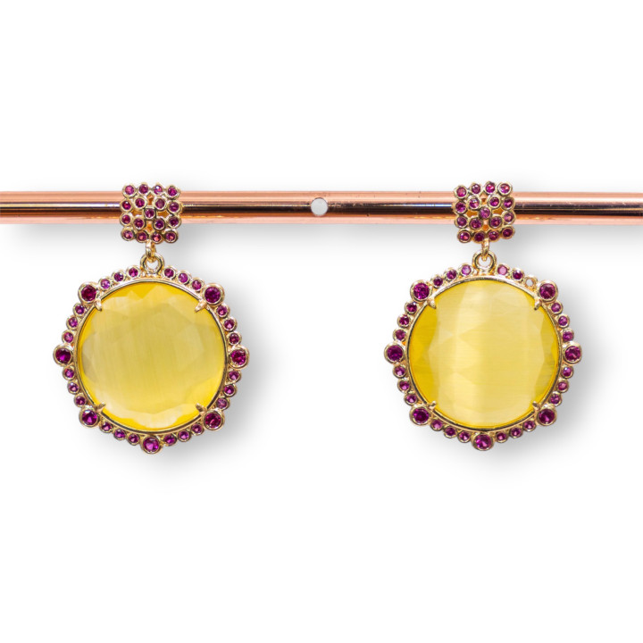 Bronze Stud Earrings with Set Stones and Zircons 24x32mm Red Yellow