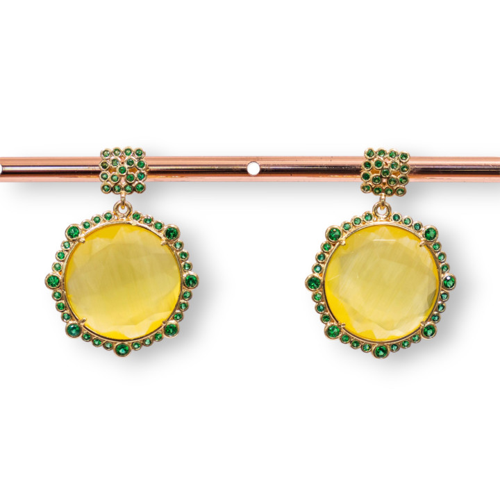 Pendientes Bolitas De Bronce Con Piedras Engastadas Y Circonitas 24x32mm Amarillo Verde