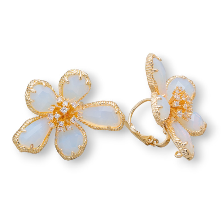 Bronze Earrings with Cat's Eye Flower 5 Petals 24x32mm 1 Pair Synthetic Opal