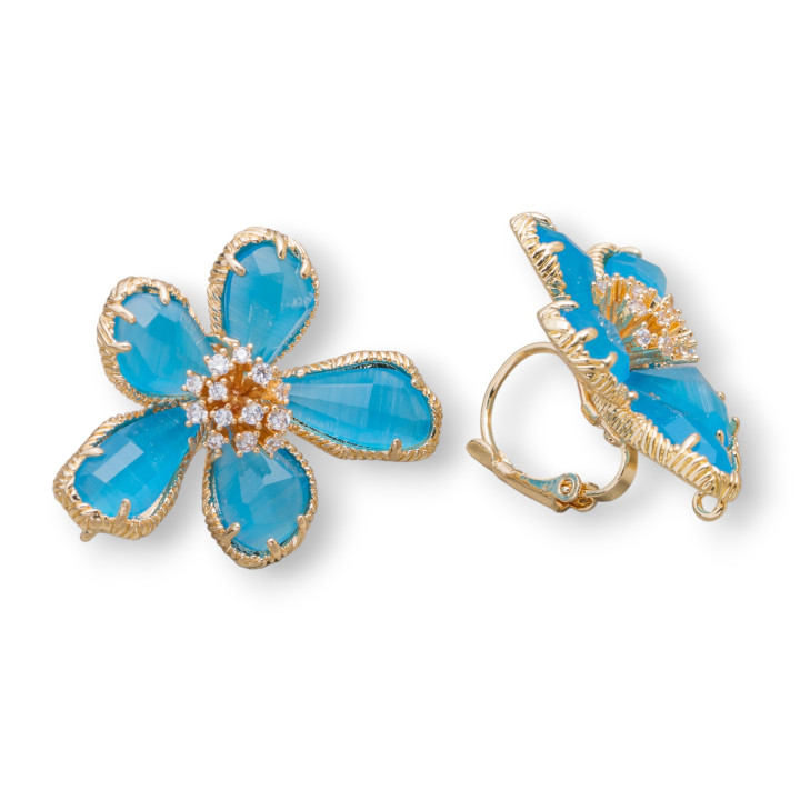 Orecchini Di Bronzo Con Occhio Di Gatto Fiore 5 Petali 24x32mm 1 Paio Celeste