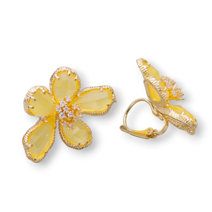 Bronze Earrings with Cat's Eye Flower 5 Petals 24x32mm 1 Pair Yellow