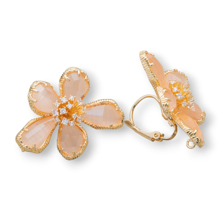 Orecchini Di Bronzo Con Occhio Di Gatto Fiore 5 Petali 24x32mm 1 Paio Pesca