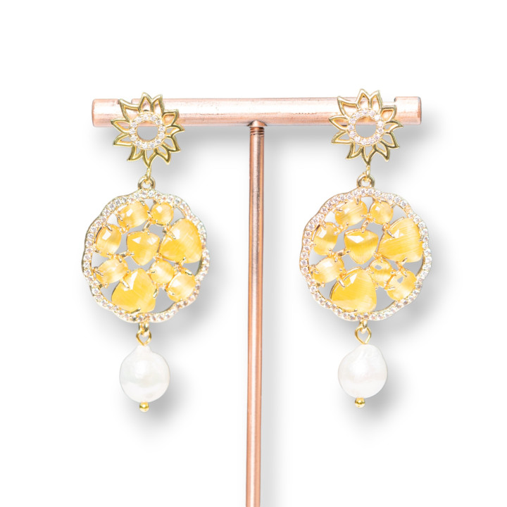 Orecchini Perno Di Argento 925 Con Bronzo E Occhio Di Gatto E Perle Di Fiume 24x55mm Giallo
