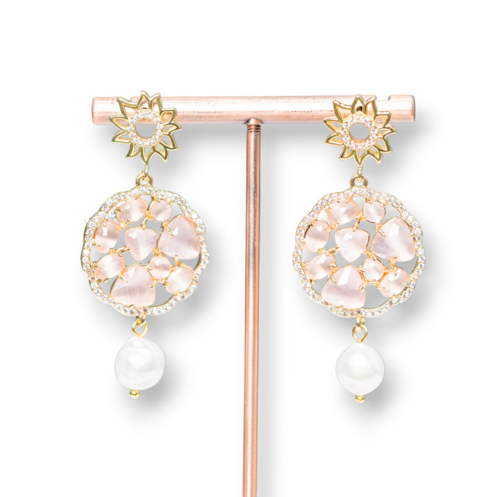 Aretes De Plata De Ley 925 Con Bronce Y Ojo De Gato Y Perlas De Rio 24x55mm MOD5