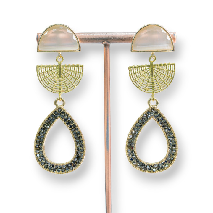 Boucles D'oreilles Tiges Bronze Oeil De Chat Et Marcassite Goutte 22x65 mm Blanc