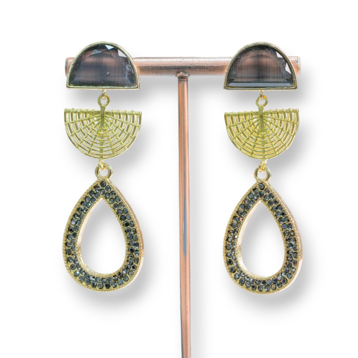 Bronze Stud Earrings with Cat's Eye and Marcasite Drop 22x65mm Gray