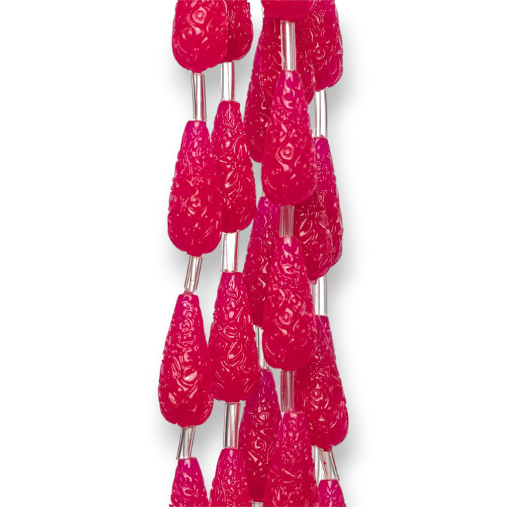 Engraved Drops Wire Resin Beads 08x20mm 15pcs Fuchsia