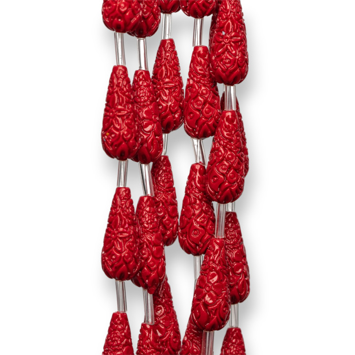 Abalorios De Resina Hilo Gota Grabado 08x20mm 15pz Rojo