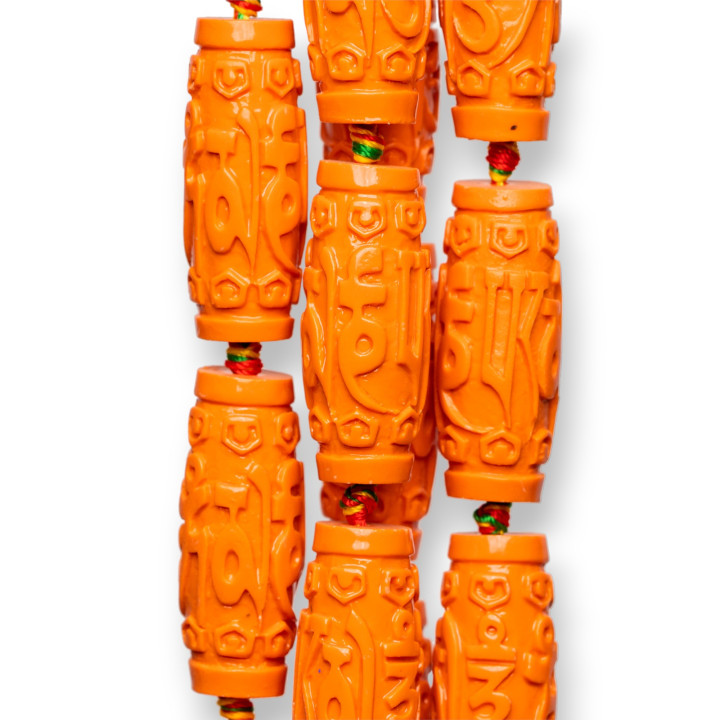 Engraved Tube Wire Resin Beads 14x34mm 10pcs Orange
