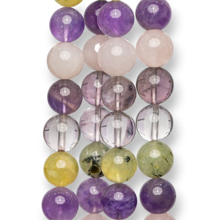 Mehrfarbiger Quarz, Amethyst, Rauchquarz, Prenite, rosa Quarz, rund, glatt, 11 mm