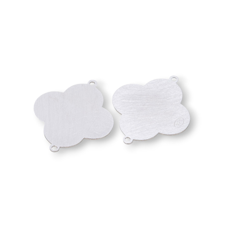Componente Connettore Di Argento 925 Piastra Spazzolata Quadrifoglio 17mm 4pz Rodiato