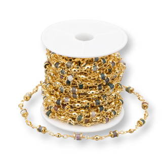 Chaîne chapelet en laiton avec pierres semi-précieuses rondelle 5mm 10 mètres agate indienne