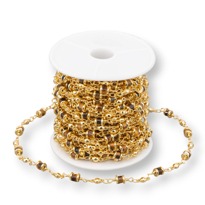 Cadena Rosario De Latón Con Piedras Semipreciosas Rondelle 5mm 10 Metros Ojo De Tigre