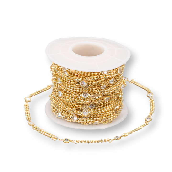 Chaîne chapelet en laiton avec zircon 4,5 mm maillon double rangée 10 mètres blanc doré