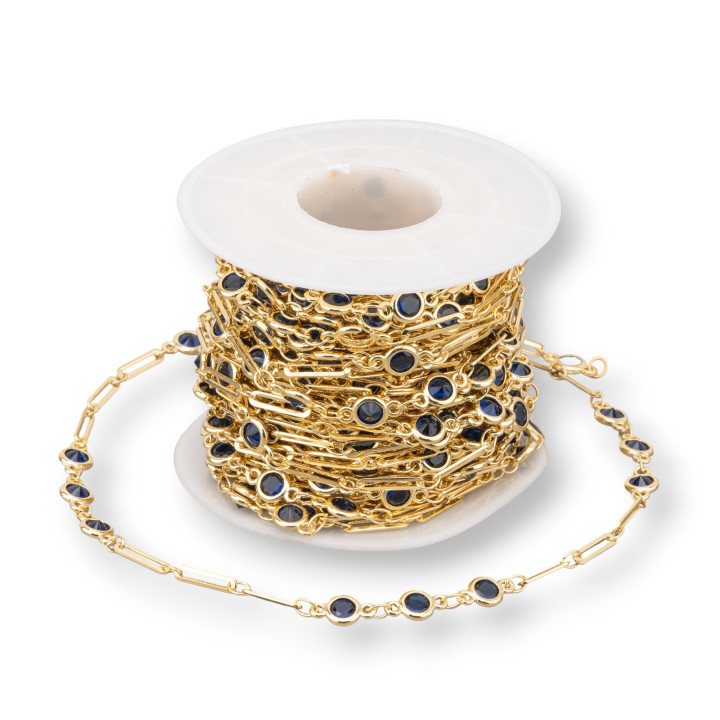 Catena Rosario Di Ottone Con Zircone Tondo 5,5mm e Maglia Rettangolo 10 Metri Dorato Blu