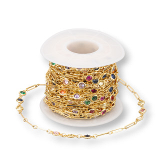 Chaîne chapelet en laiton avec zircon rond 5,5 mm et maillon rectangulaire 10 mètres doré multicolore