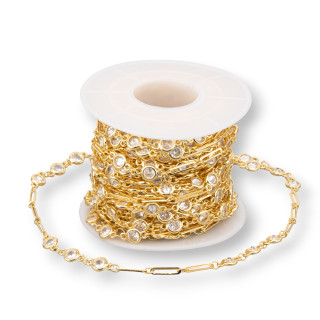 Brass Rosary Chain with Round Zircon 5.5mm and Rectangle Link 10 Meters Transparent Golden