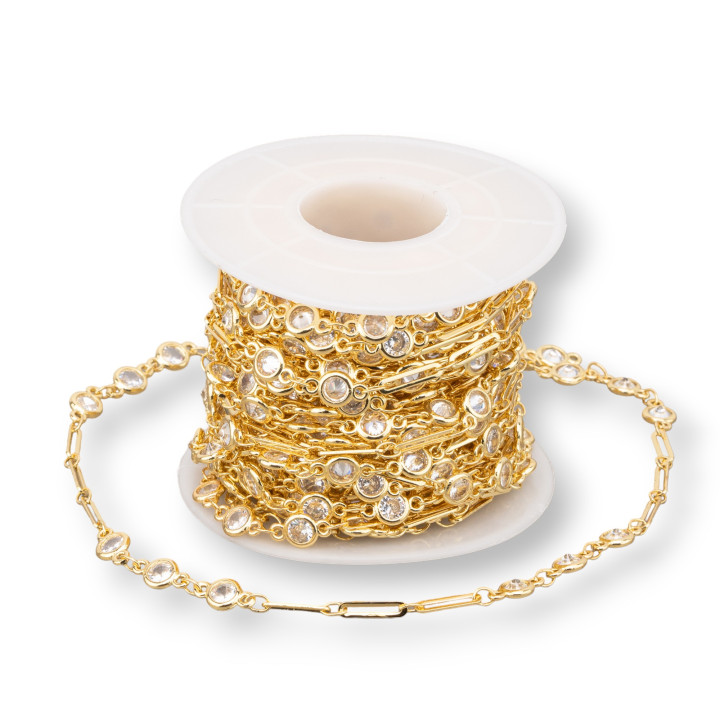 Catena Rosario Di Ottone Con Zircone Tondo 5,5mm e Maglia Rettangolo 10 Metri Dorato Trasparente