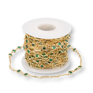 Chaîne chapelet en laiton avec zircon rond 5,5 mm et maillon rectangle 10 mètres vert doré