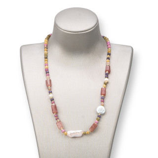Collana di Giada Fragola con Pietre Dure, Perle ed Ematite - Eleganza