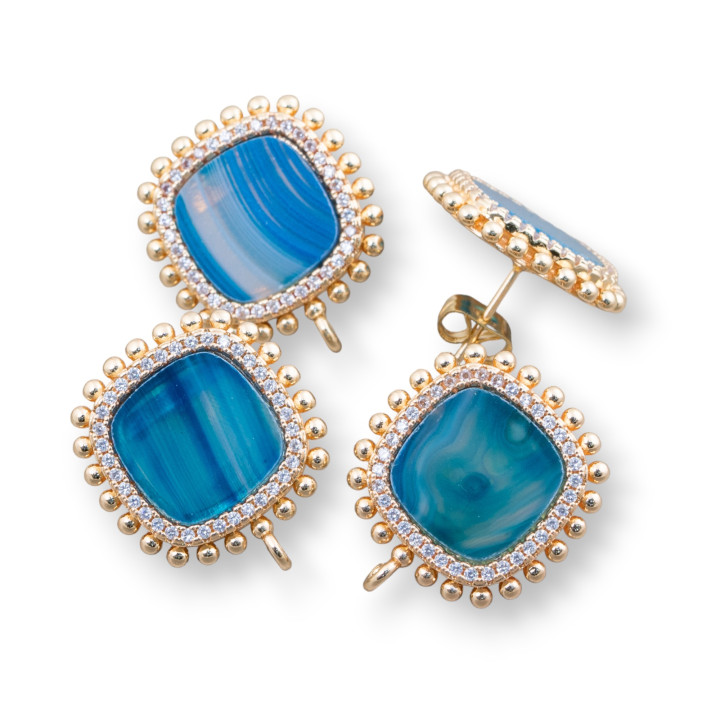 Boucles D'Oreilles Clou Laiton Base Avec Pierres Naturelles Carré Avec Zircons 19mm 3 Paires Agate Rayée Bleue