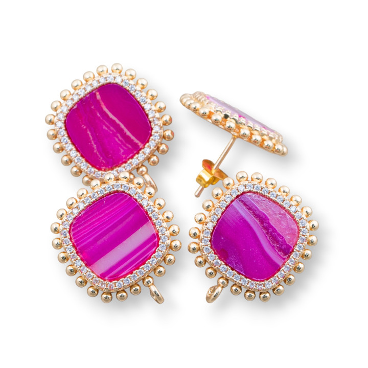 Aretes Latón Base Con Piedras Naturales Cuadrada Con Circonitas 19mm 3 Pares Ágata Estriada Fucsia