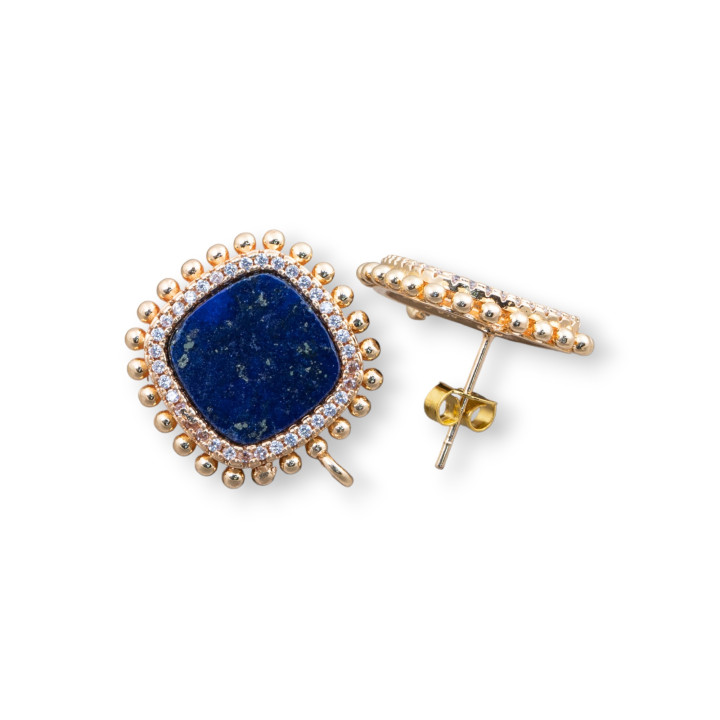 Base for Brass Stud Earrings with Natural Stones Square with Zircons 19mm 3 Pairs Lapis Lazuli