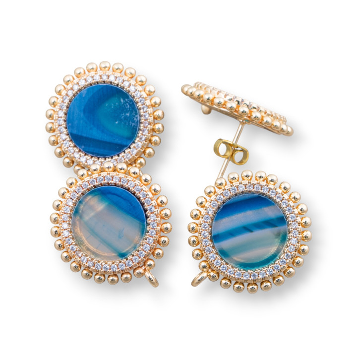 Aretes Latón Base Con Piedras Naturales Redondo Con Circonitas 20mm 3 Pares Ágata Rayada Azul