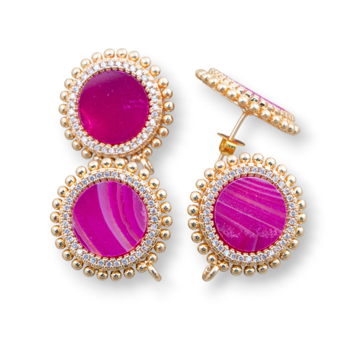 Brass Stud Earring Base With Round Natural Stones With Zircons 20mm 3 Pairs Fuchsia Striated Agate