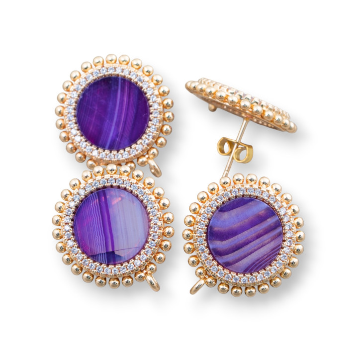 Boucles D'Oreilles Clous Laiton Base Avec Pierres Naturelles Rondes Avec Zircons 20mm 3 Paires Agate Rayée Violette
