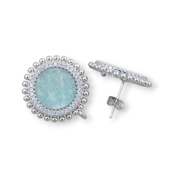 Aretes Latón Base Con Piedras Naturales Redondo Con Circonitas 20mm 3 Pares Amazonita Rodiada
