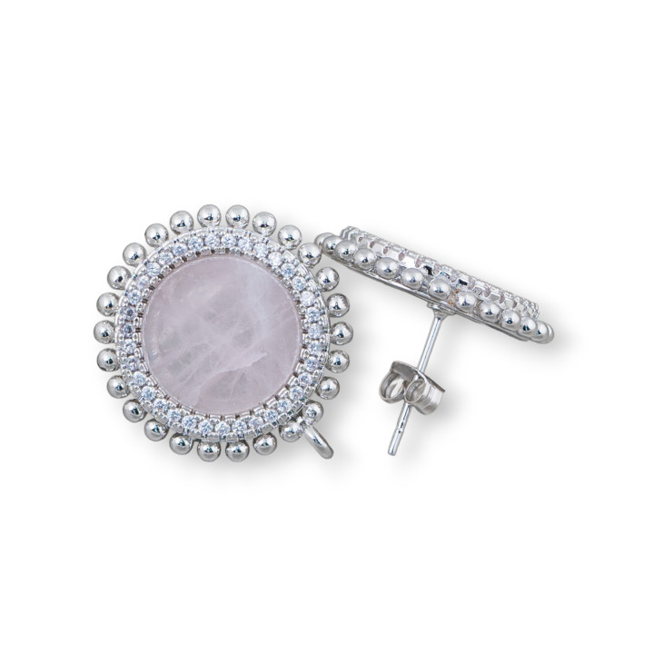 Base for Brass Stud Earrings with Natural Stones Round with Zircons 20mm 3 Pairs Rhodium Plated Rose Quartz
