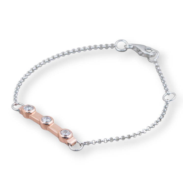 Pulsera de Plata 925 Diseño Italia Con 3 Circonitas Longitud 19cm-16.5cm Rodiada y Oro Rosa