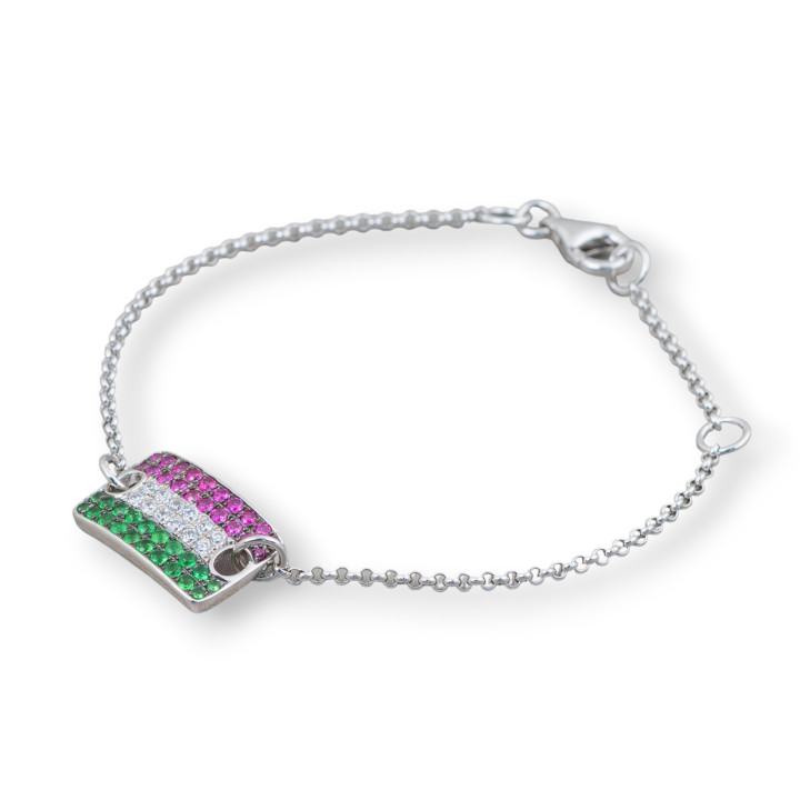 Bracelet Argent 925 Design Italie Avec Drapeau Tricolore Longueur Centre 19cm-16.5cm Rhodié